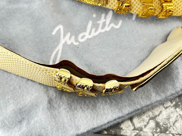 Vtg Judith Leiber Karung Snakeskin Leather Statement Belt Gold Lion Buckle w/Box